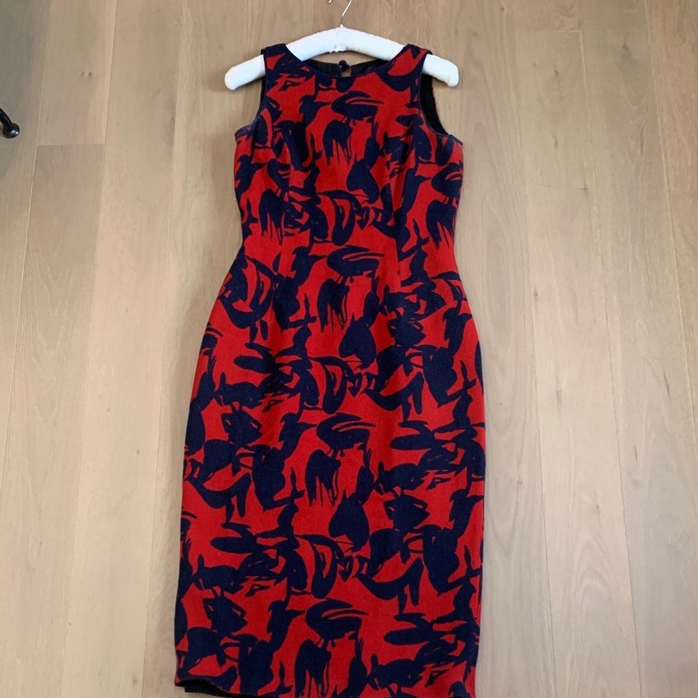 L'Wren Scott Red and Navy Abstract Midi Dress
